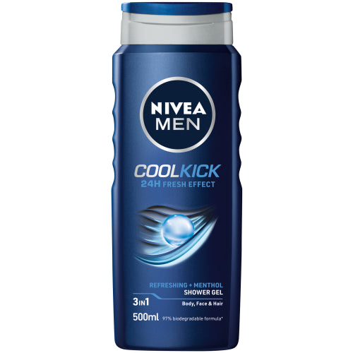 Nivea Men Cool Kick Shower Gel 24h Fresh Effect Refreshing Body, Face & Hair 500ml
