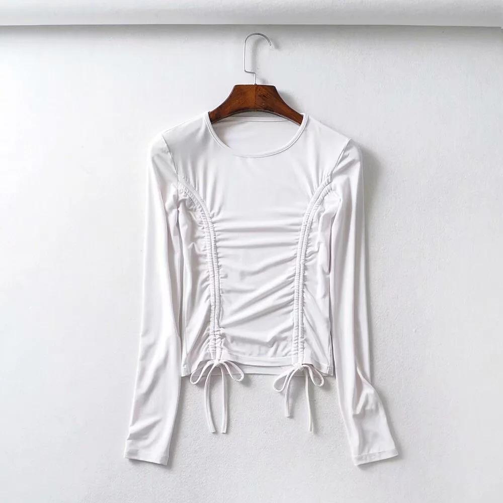 Drawstring Ruched Sexy White Long Sleeve Crop Top