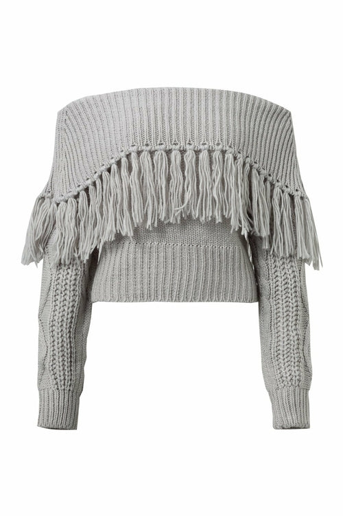 One-shoulder fringed sweater