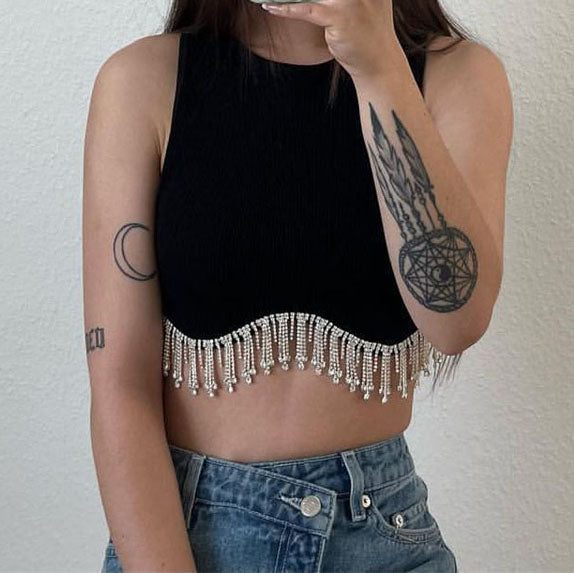 Elegant Solid Irregualr Knitted Tanks Tassel Tanks Crop Top