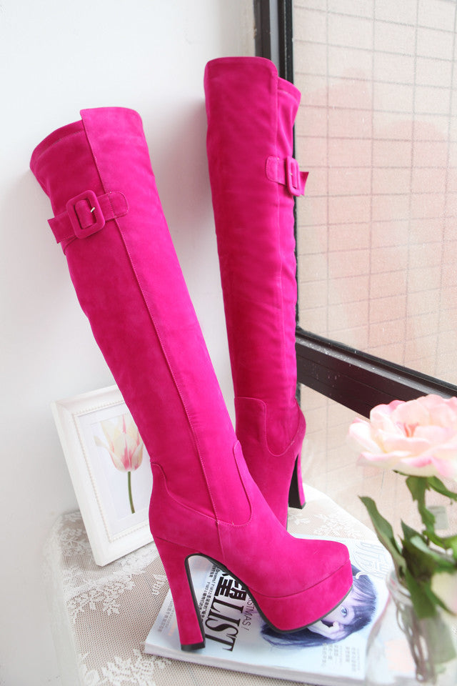 Thick Heels Zip Button Decoration Suede Leather Knee High Boots