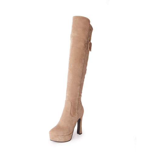 Thick Heels Zip Button Decoration Suede Leather Knee High Boots