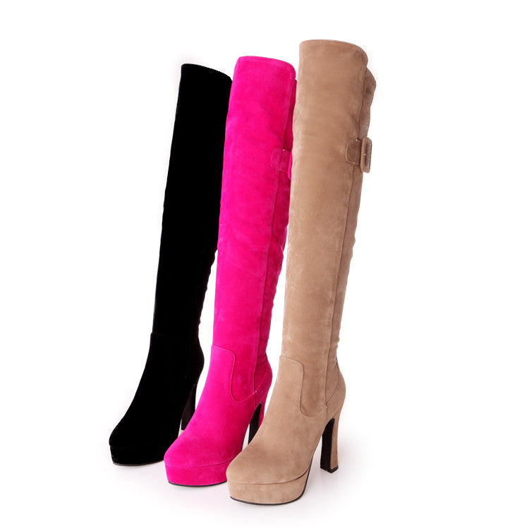 Thick Heels Zip Button Decoration Suede Leather Knee High Boots