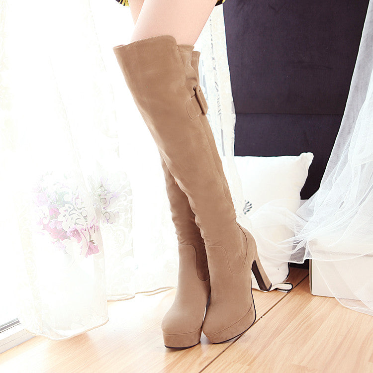 Thick Heels Zip Button Decoration Suede Leather Knee High Boots