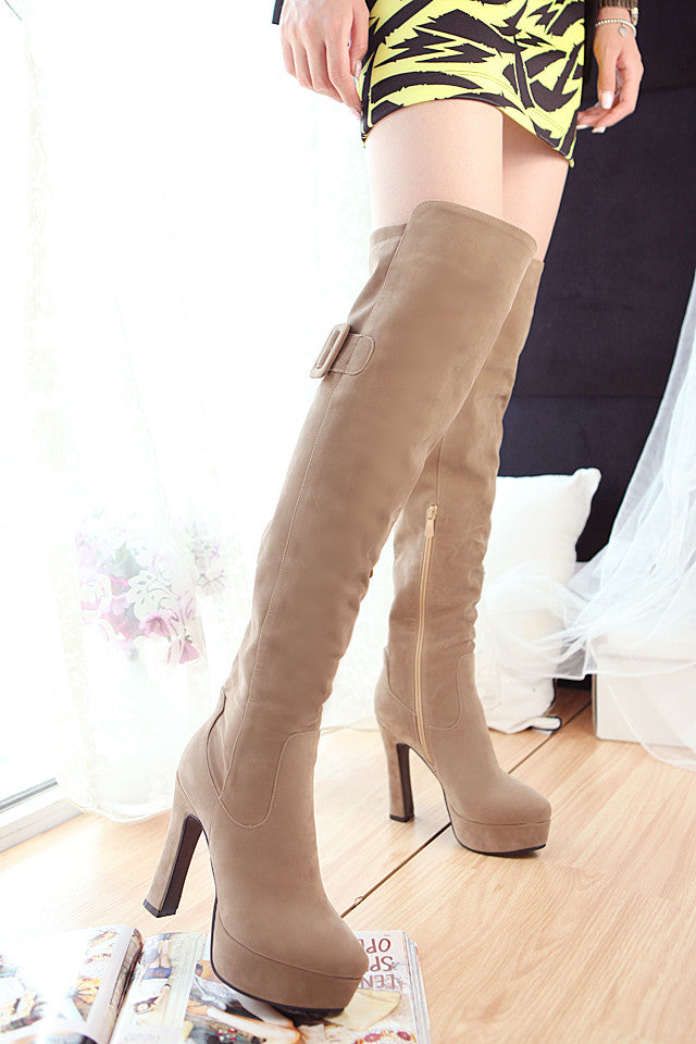 Thick Heels Zip Button Decoration Suede Leather Knee High Boots