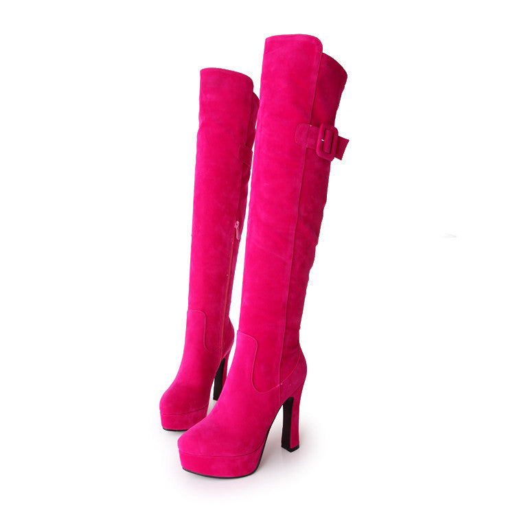 Thick Heels Zip Button Decoration Suede Leather Knee High Boots