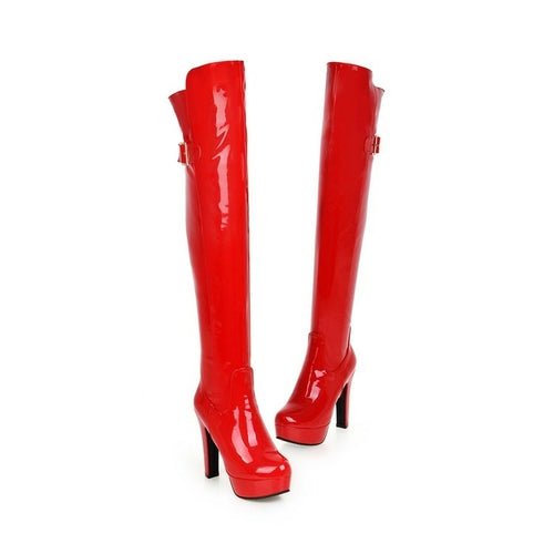 Patent Leather Platform High Heels Zip Knee High Boots