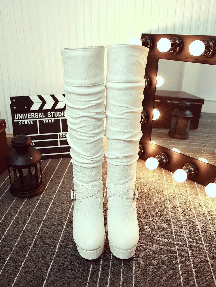 Platform Pleated Buckle Solid Knee High Boots