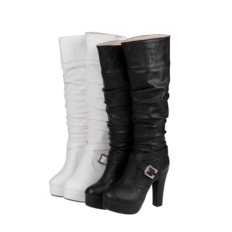 Platform Pleated Buckle Solid Knee High Boots