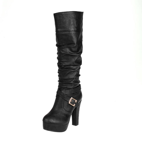 Platform Pleated Buckle Solid Knee High Boots