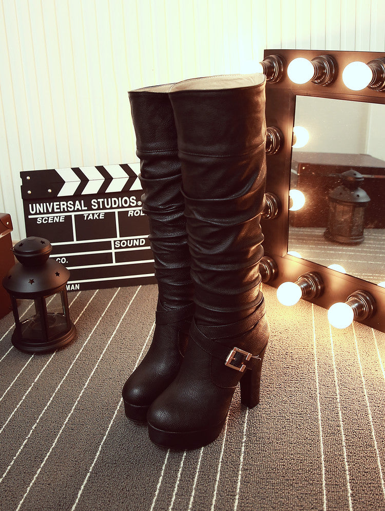 Platform Pleated Buckle Solid Knee High Boots