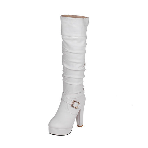 Platform Pleated Buckle Solid Knee High Boots