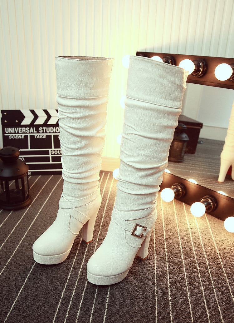 Platform Pleated Buckle Solid Knee High Boots