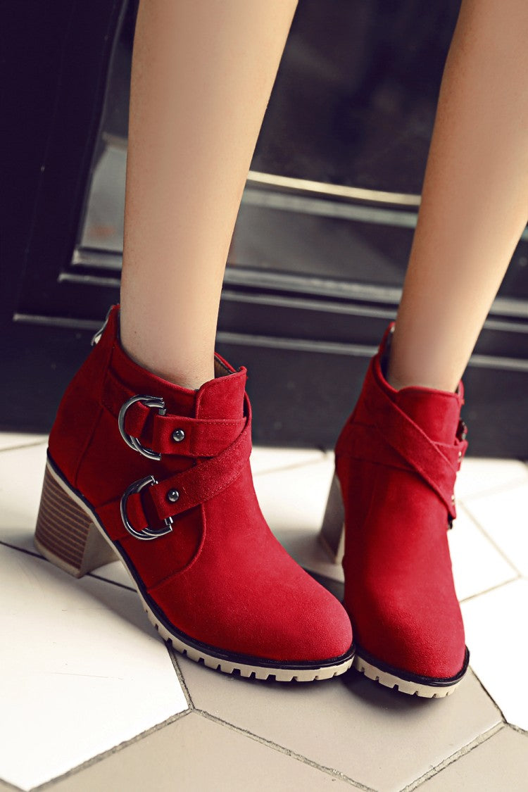 Thick Middle Heel Metal Buckle Suede Leather Ankle Boots