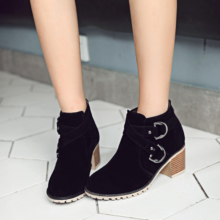 Thick Middle Heel Metal Buckle Suede Leather Ankle Boots