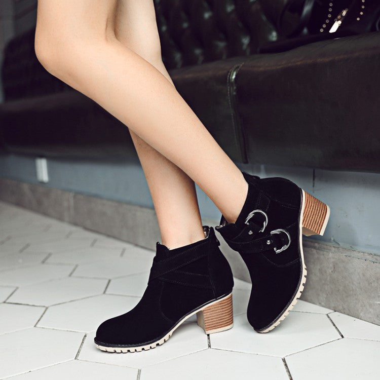 Thick Middle Heel Metal Buckle Suede Leather Ankle Boots