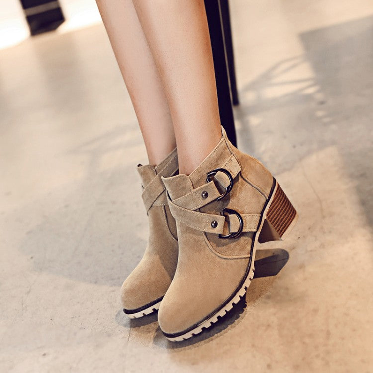 Thick Middle Heel Metal Buckle Suede Leather Ankle Boots