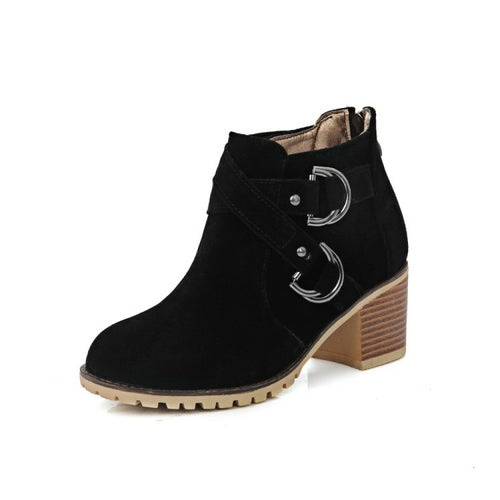 Thick Middle Heel Metal Buckle Suede Leather Ankle Boots