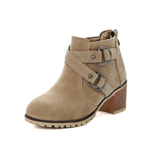 Thick Middle Heel Metal Buckle Suede Leather Ankle Boots