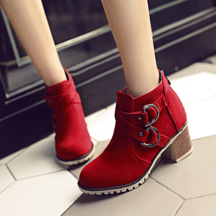 Thick Middle Heel Metal Buckle Suede Leather Ankle Boots