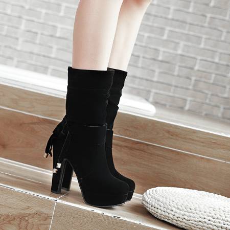 Bowtie Flock Thin High Heel Platform Mid Calf Boots