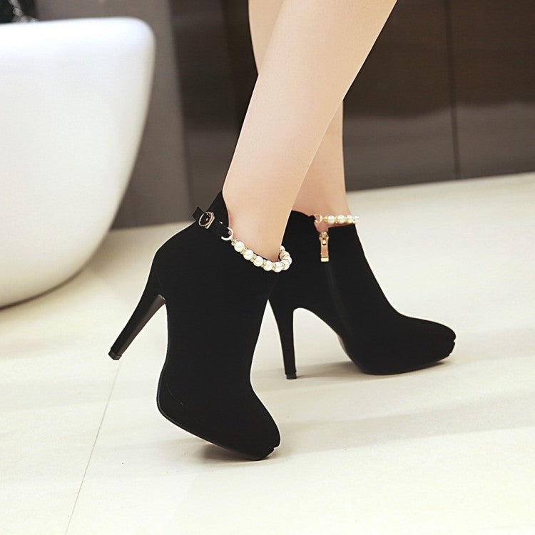 Thin High Heel Zipper Suede Leather Beading Ankle Boots