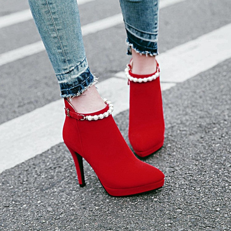 Thin High Heel Zipper Suede Leather Beading Ankle Boots