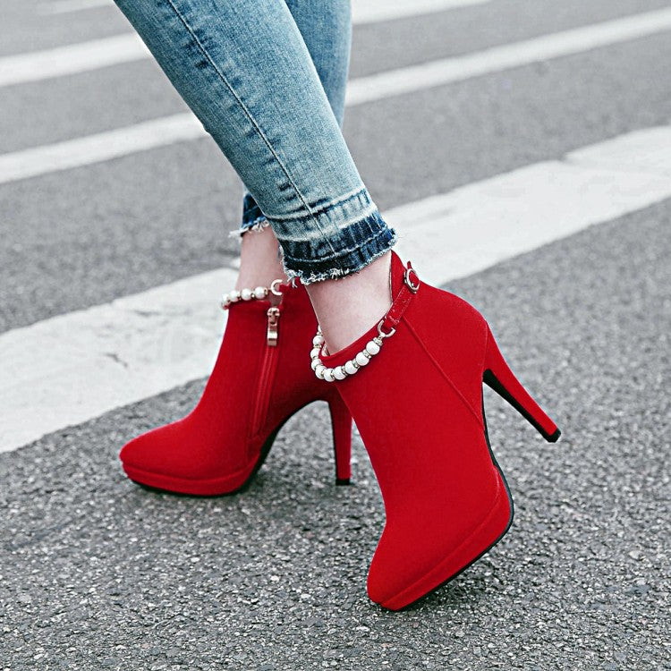 Thin High Heel Zipper Suede Leather Beading Ankle Boots