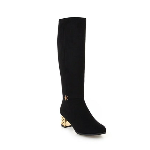 Metal Square Middle Heels Zip Flock Knee High Boots