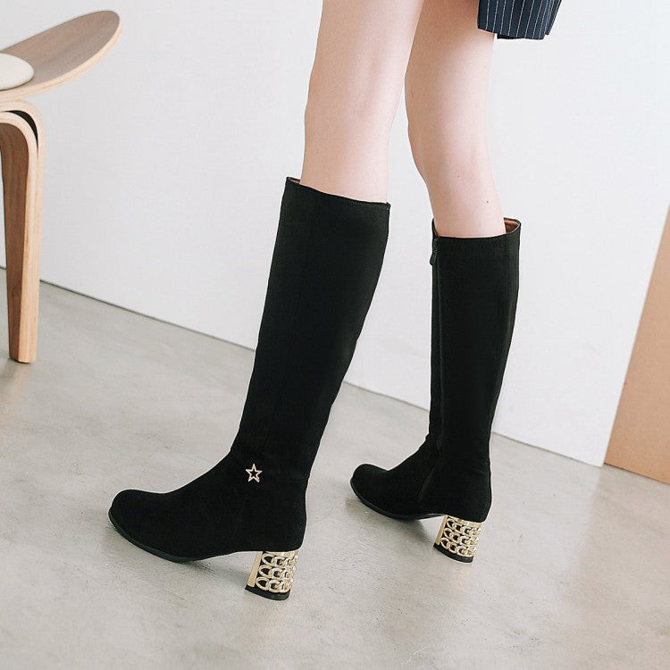 Metal Square Middle Heels Zip Flock Knee High Boots