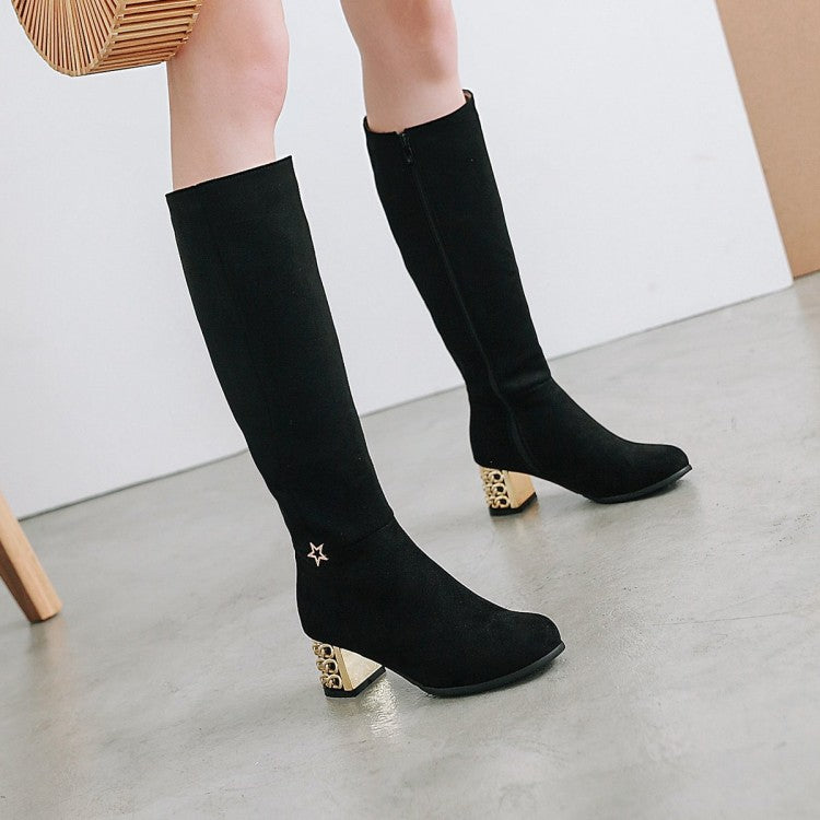 Metal Square Middle Heels Zip Flock Knee High Boots