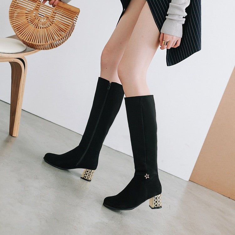 Metal Square Middle Heels Zip Flock Knee High Boots