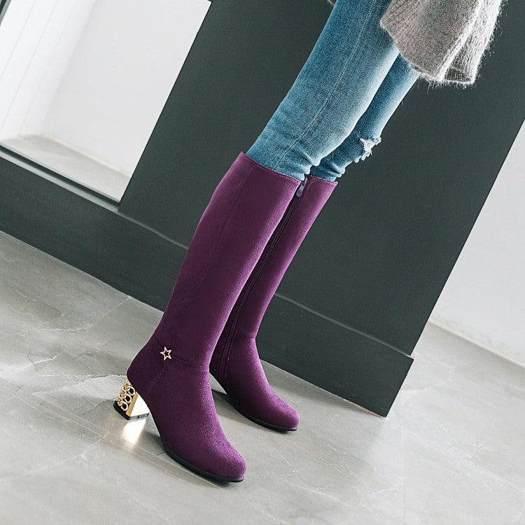 Metal Square Middle Heels Zip Flock Knee High Boots