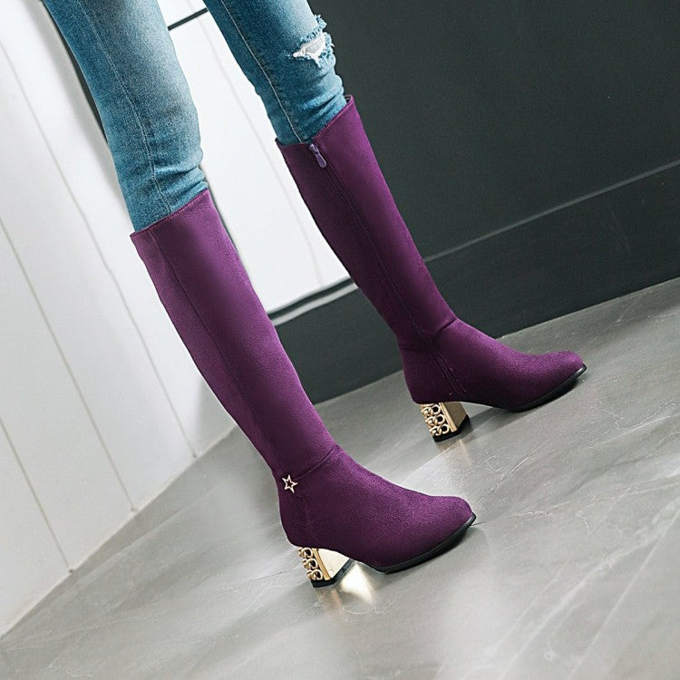 Metal Square Middle Heels Zip Flock Knee High Boots