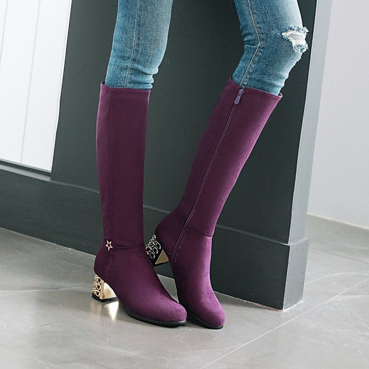 Metal Square Middle Heels Zip Flock Knee High Boots