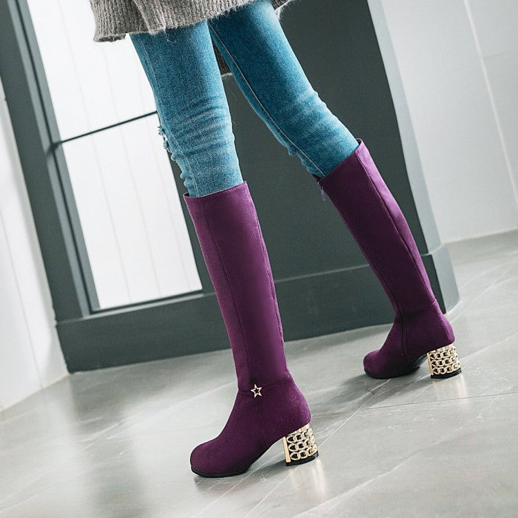 Metal Square Middle Heels Zip Flock Knee High Boots