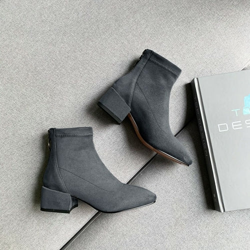 Thick Low Heel Suede Leather Zip Ankle Boots