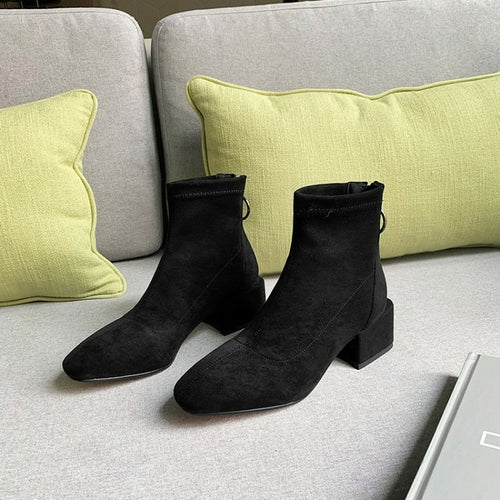 Thick Low Heel Suede Leather Zip Ankle Boots
