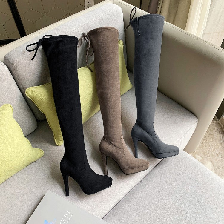 Bowtie High Heel Slip On Suede Leather Over Knee Boots