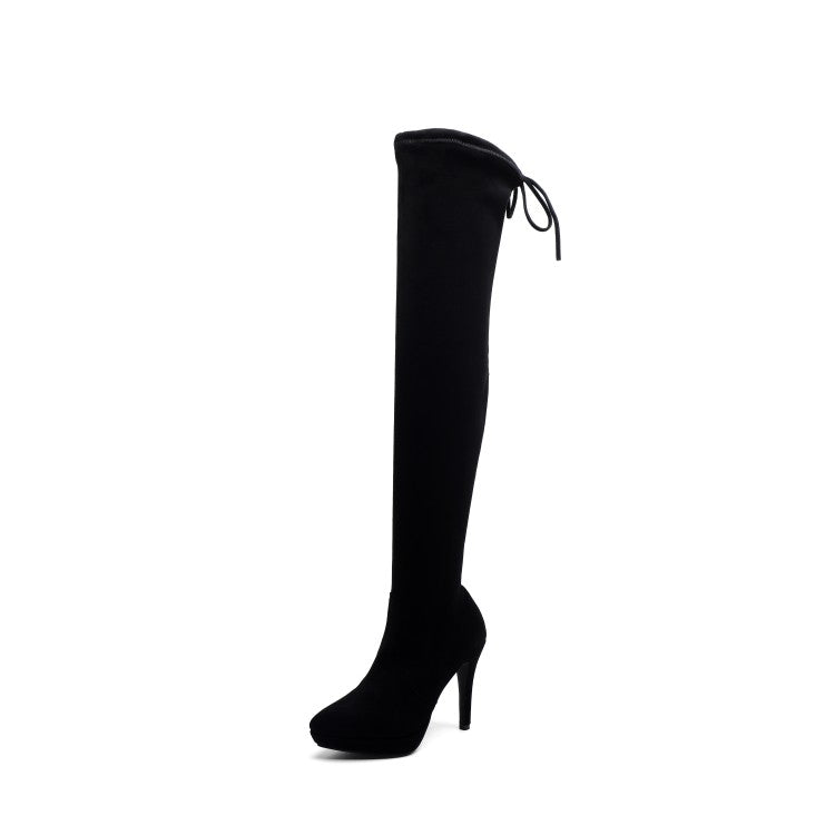 Bowtie High Heel Slip On Suede Leather Over Knee Boots