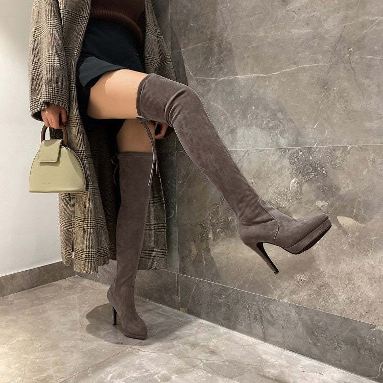 Bowtie High Heel Slip On Suede Leather Over Knee Boots