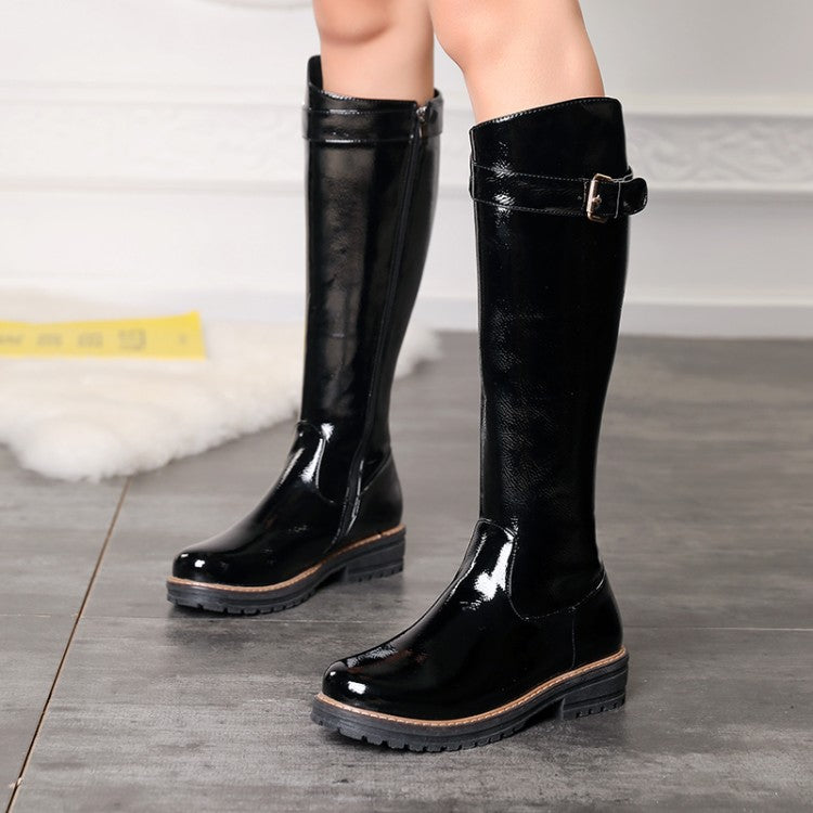 Ladies boots Low heel Square heel Knee High Boots Patent leather Belt