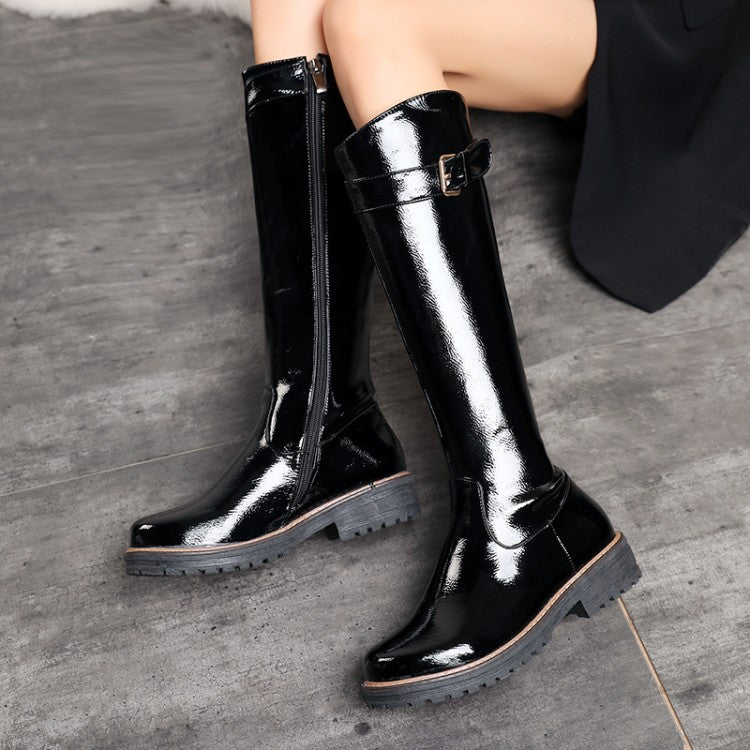 Ladies boots Low heel Square heel Knee High Boots Patent leather Belt