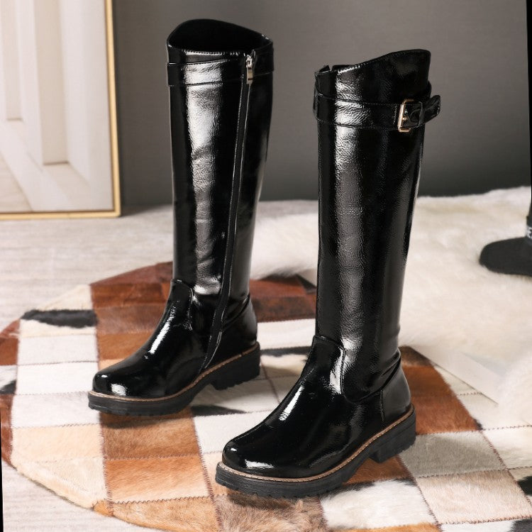Ladies boots Low heel Square heel Knee High Boots Patent leather Belt