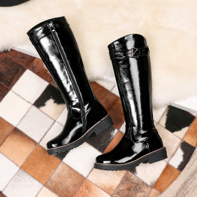 Ladies boots Low heel Square heel Knee High Boots Patent leather Belt