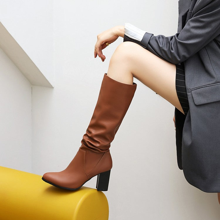 PU Leather Slip On Square High Heels Mid Calf Boots