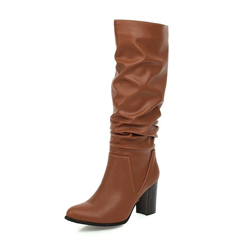 PU Leather Slip On Square High Heels Mid Calf Boots