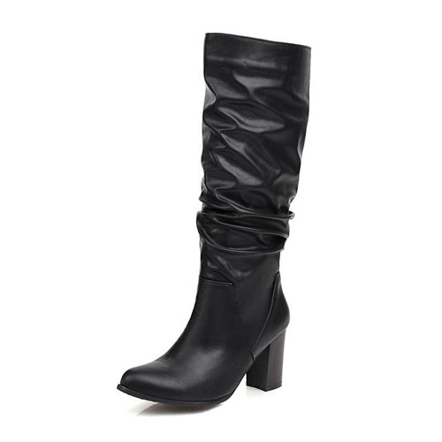PU Leather Slip On Square High Heels Mid Calf Boots