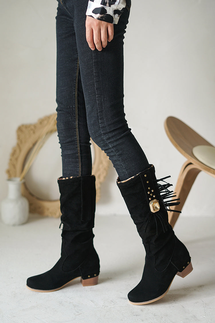 Chunky Heel Suede Crystal Tassel Mid Calf Boots