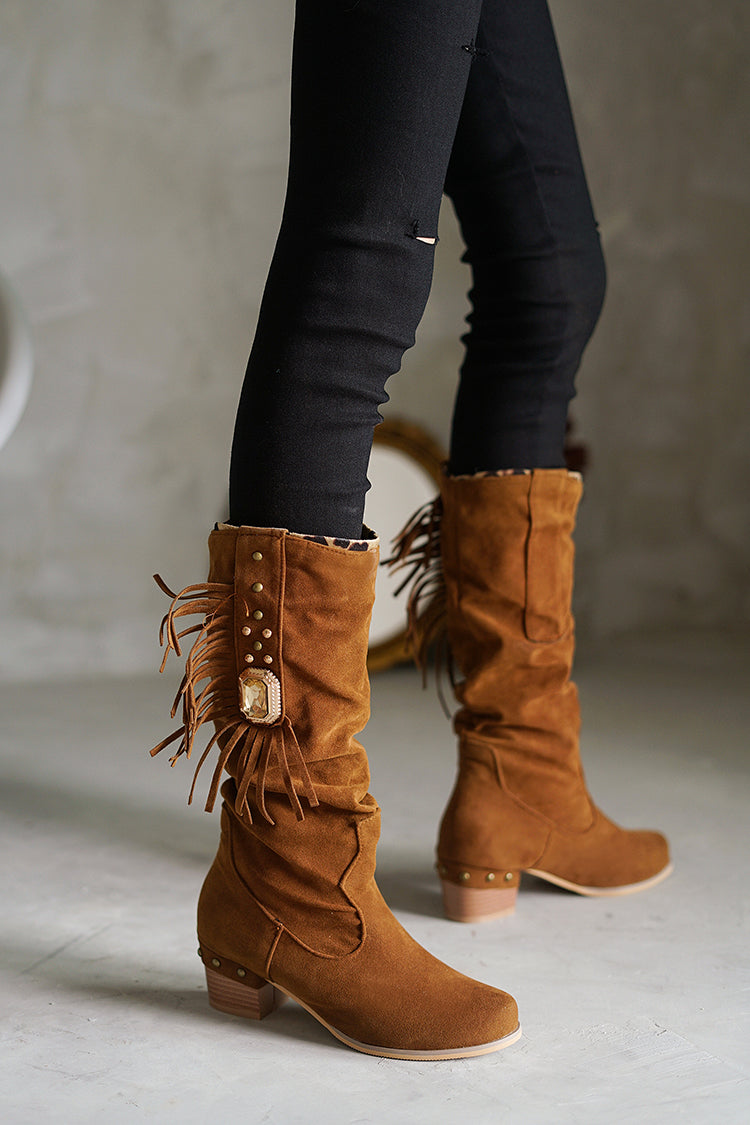 Chunky Heel Suede Crystal Tassel Mid Calf Boots